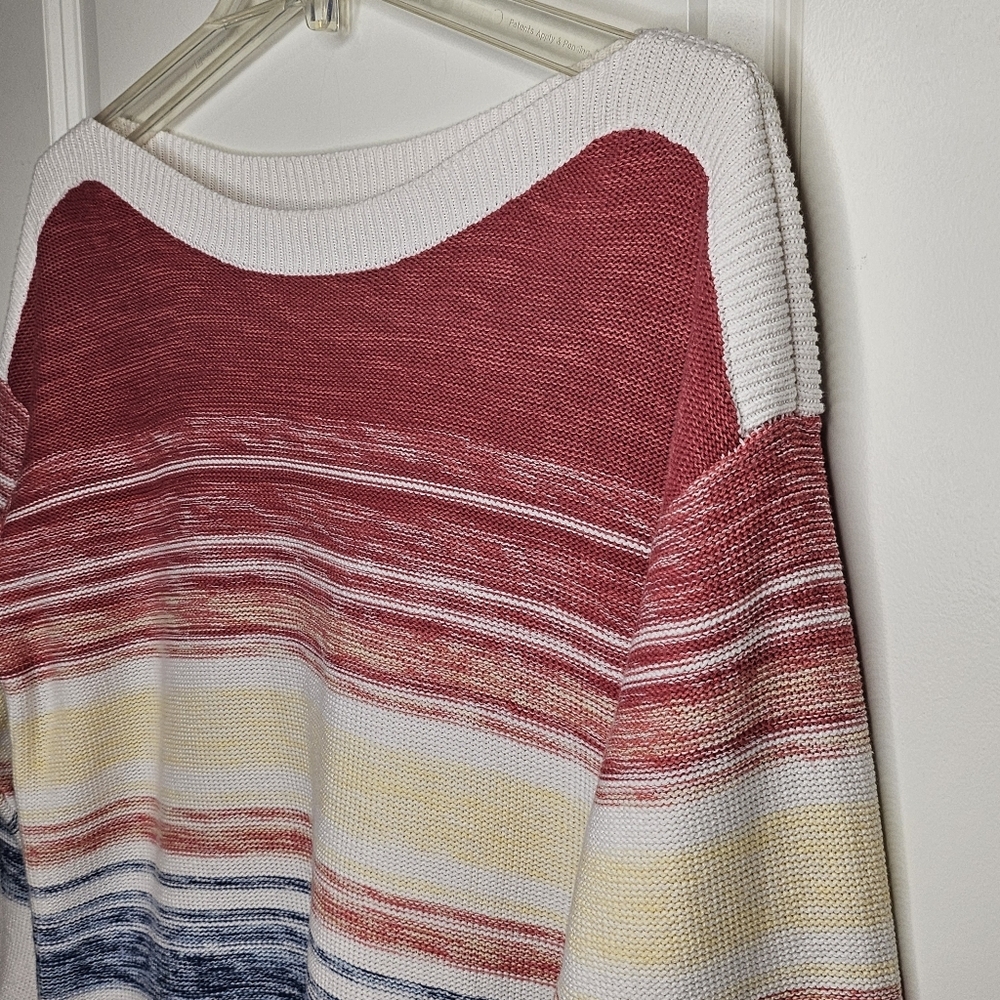 Brittany Black Boatneck Cotton Sweater Large Striped 3/4 Sleeve Coastal Cottage - Picture 5 of 9